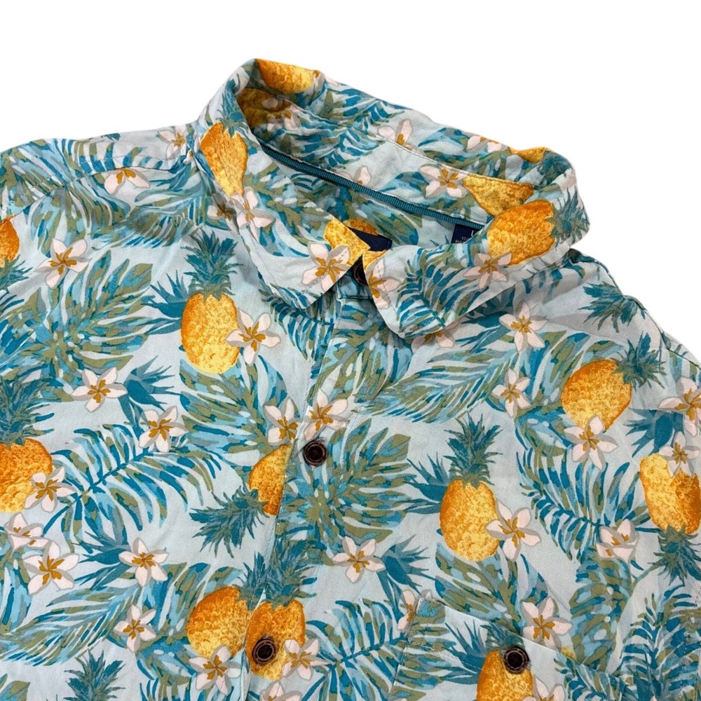 Havana Jim Mens Large Blue Pineapple Tropical Floral Rayon Button Up Shirt